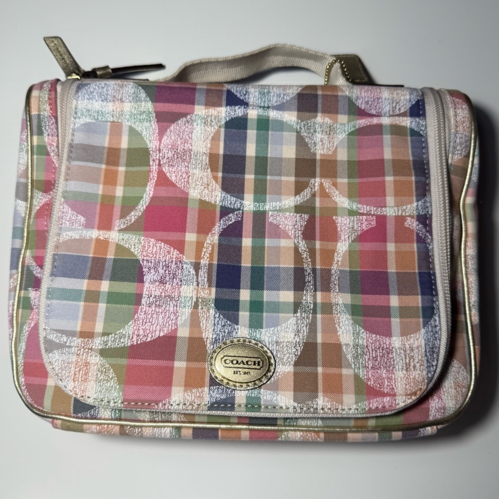 Coach Vintage Spring 2015 Gold Pink Purple Colorful Plaid Cosmetic Travel Bag - Picture 4 of 14